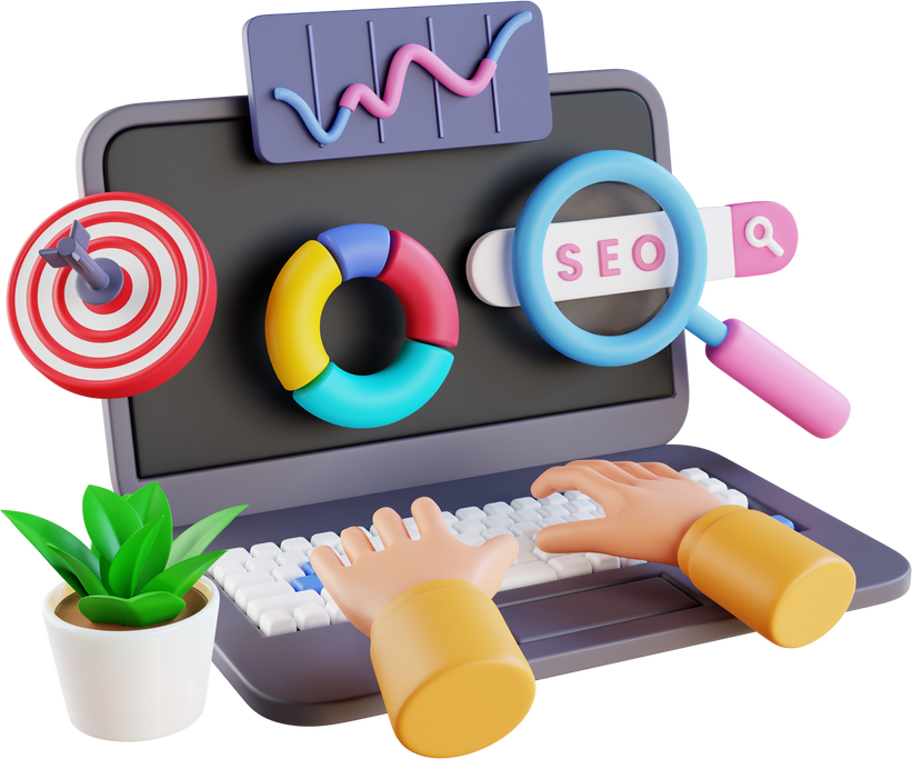 3D SEO Optimization with hand typing, web analytics and seo marketing social media concept. SEO interface for website strategy and research planing, search engine traffic. 3D rendering